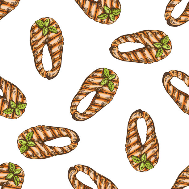 手绘彩色矢量无缝模式一块烧烤三文鱼牛排。涂鸦复古插图。菜单的装饰。雕刻的形象。图片下载