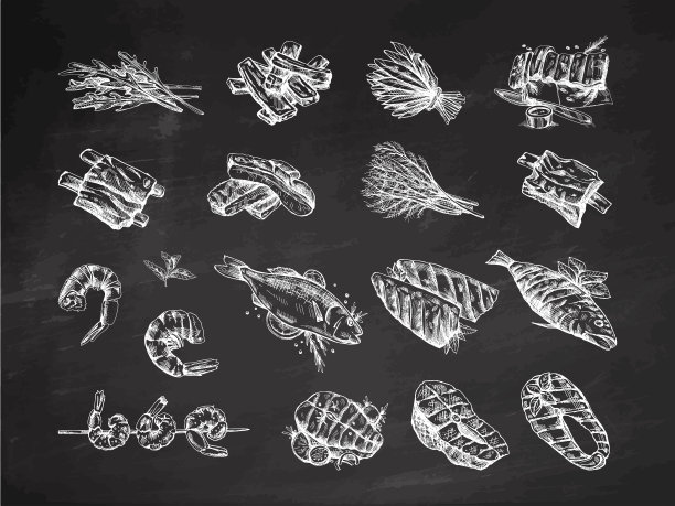手绘单色矢量素描烧烤鱼和烧烤鲑鱼牛排，对虾，虾，排骨绿色。涂鸦复古插图。黑板背景上菜单的装饰。图片下载
