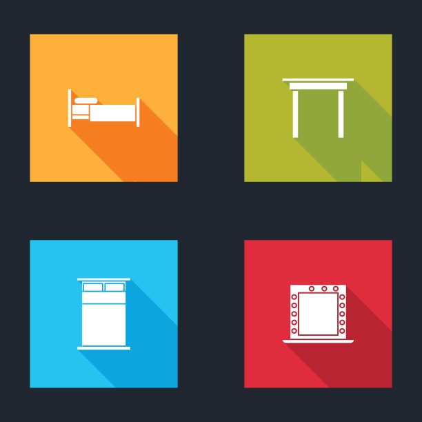 设置床，木桌，大床和化妆镜与灯图标。向量图片下载