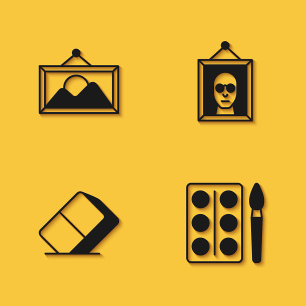 集图片风景，水彩画在盒子里，橡皮擦橡胶和图标长阴影。向量图片下载