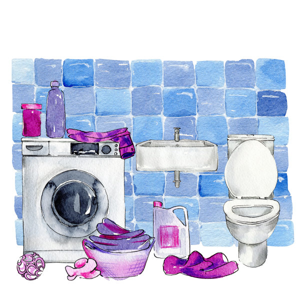 凌乱的浴室里有一台洗衣机，一个马桶，衣服和更强大的产品散落在各处，瓷砖墙的背景下有一个水槽图片下载