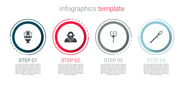 设置古代双耳罐，独眼巨人，海王星三叉戟和中世纪矛。业务信息图表模板。向量图片下载