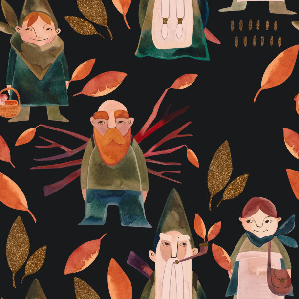无缝图案与魔法侏儒，橙色秋叶，浆果，小树枝和篮子在黑色的背景。用于包装纸、家用和季节性纺织品、窗帘、桌布、厨房和托儿所装饰的图案。图片下载