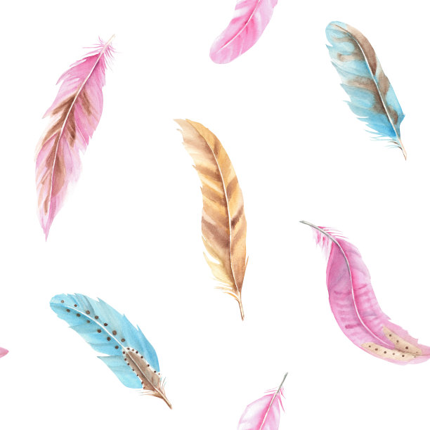 彩色羽毛水彩无缝图案在白色的背景。手绘插图。可用于织物、纺织品和包装印刷。图片下载