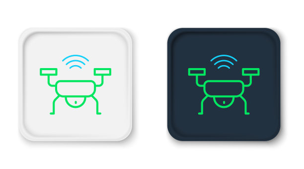 线智能无人机系统图标隔离在白色背景。带有视频和照相机符号的四轴飞行器。色彩缤纷的轮廓概念。向量图片下载