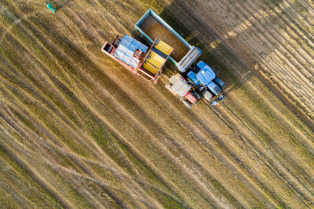 一辆拖拉机和收割机在土豆收获期间将土豆倒进拖车，无人机的鸟瞰图图片下载
