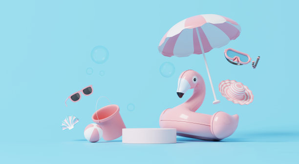 3D渲染，平台展示产品蓝色背景与夏季元素沙滩伞，球，太阳镜，旅游假期场景。图片下载