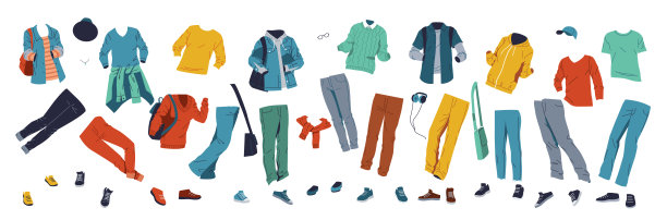 五颜六色的衣服和配饰整齐地排列在白色的背景上图片下载