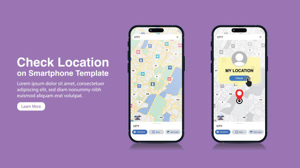 带有位置检查、移动导航和潮流城市地图信息的智能手机banner模板，带有地图屏幕和GPS定位概念的智能手机矢量素材图片下载