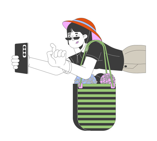 亚洲妇女带着纱袋拍摄二维线性卡通人物图片下载