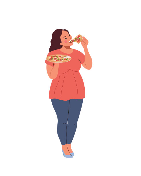 年轻女子吃披萨。矢量平面卡通插图图片下载