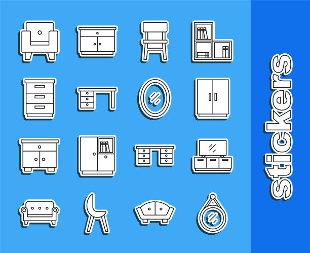 集线镜子，电视桌架，衣柜，椅子，办公桌，家具床头柜，扶手椅和图标。向量图片下载