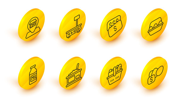 为鸡蛋，购物篮和食品，鱼子酱锡罐，瓶装牛奶，鸡肉盒，新价格美元，电子秤和位置市场商店图标设定价格标签。向量图片下载