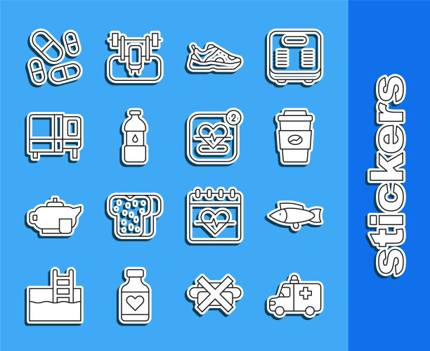 设置线救护车和急救车，鱼，咖啡杯去，运动鞋，瓶装水，床，维生素丸和移动与心率图标。向量图片下载