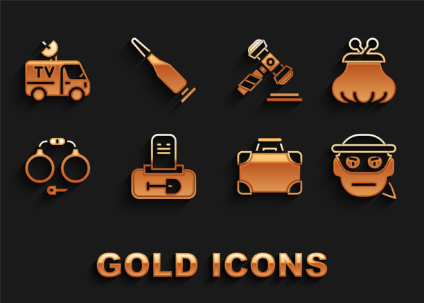 设置坟墓与墓碑，钱包，强盗，公文包的钱，手铐，法官木槌，电视新闻车和子弹图标。向量图片下载