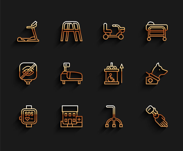 设线智能手表，医疗医院大楼，跑步机，手杖手杖，假肢手，医院病床，导盲犬和残疾人电梯图标。向量图片下载