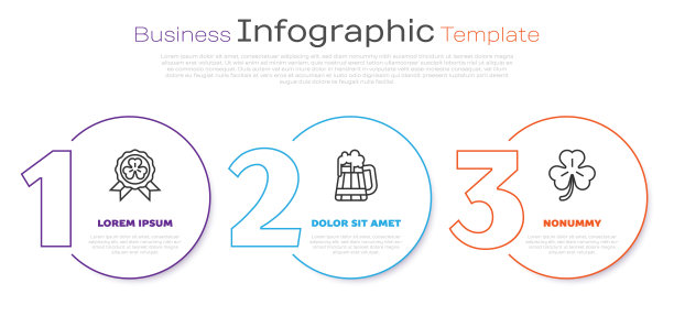 设置线奖章与四叶三叶草，木制啤酒杯和四叶三叶草。业务信息图表模板。向量图片下载