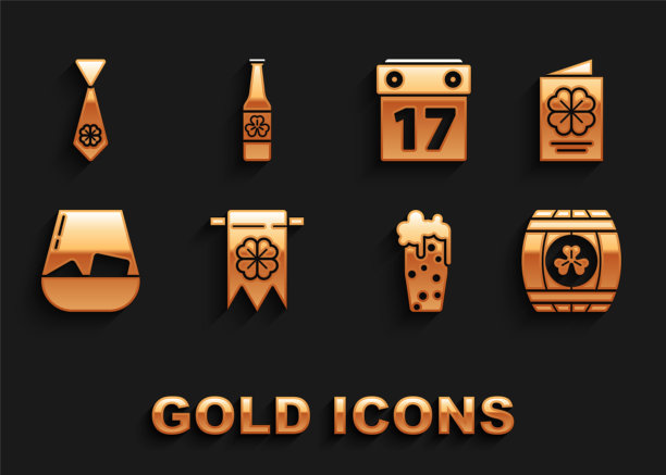 集四叶三叶草和派对三角旗，圣帕特里克节传单，小册子，明信片，木桶与四个，啤酒，威士忌，帕特里克节日历，领带和啤酒瓶图标。向量图片下载