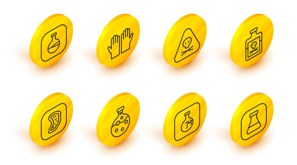 设置线试管和烧瓶，破裂，细菌，有毒的瓶子，三角形警告有毒，医用橡胶手套和图标。向量图片下载