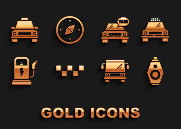 设置出租车车顶，带遥控器的车钥匙，巴士，充电站和指南针图标。向量图片下载