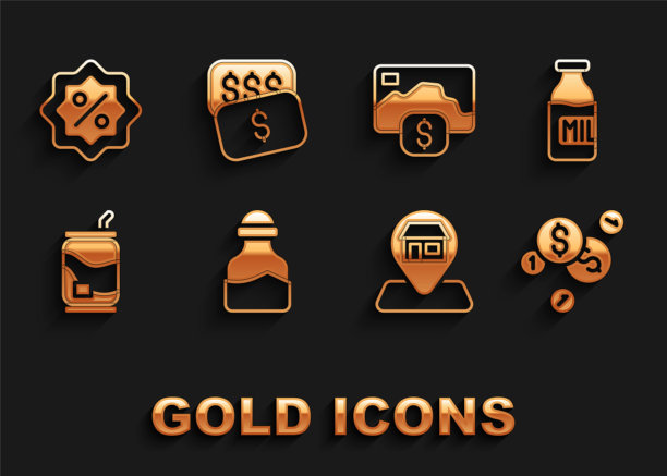 设置香料罐头，瓶子与牛奶，硬币钱美元，位置市场商店，苏打水，信用卡，折扣百分比标签和新的价格图标。向量图片下载