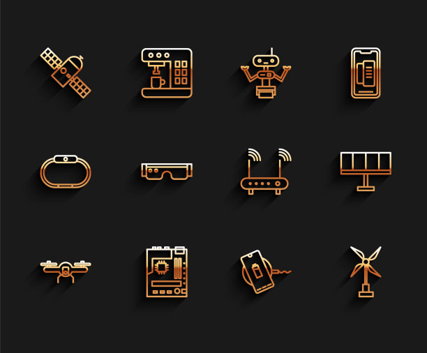 无人机飞行，主板，卫星，无线充电器，风力涡轮机，智能眼镜，太阳能电池板和路由器和wi-fi信号图标。向量图片下载