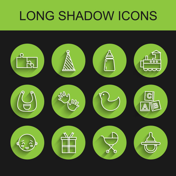 系列:快乐小男孩头，礼盒，拼图，婴儿车，奶嘴，手印，ABC积木和橡皮鸭图标。向量图片下载