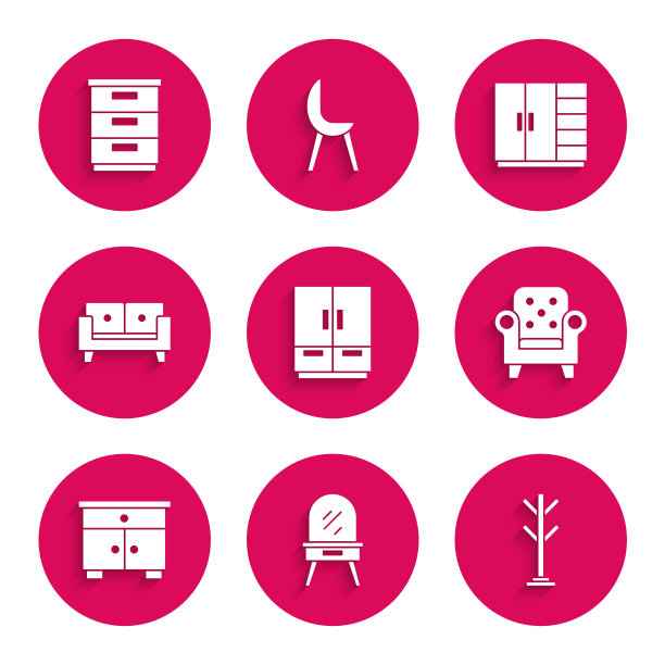 采购产品衣柜，梳妆台，大衣架，扶手椅，家具床头柜，沙发，和图标。向量图片下载