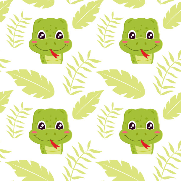 热带树叶中的卡通绿蛇。无缝模式。可以用于网页背景填充，表面纹理图片下载
