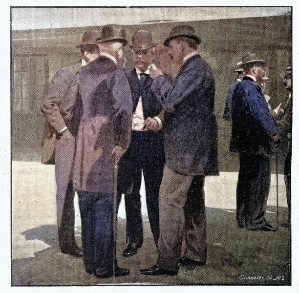 法国历史，一群戴圆顶礼帽的人谈话，德雷福斯事件。雷恩审判(Ille-et-Vilaine)。《伊尔-伊-维莱纳的省长》，维格尔和亨尼昂先生，1899年图片下载