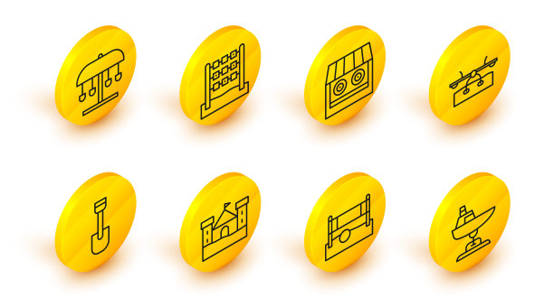 设线秋千船，排球网与球，沙城堡，铲玩具，跷跷板，射击场，井字游戏和吸引旋转木马图标。向量图片下载