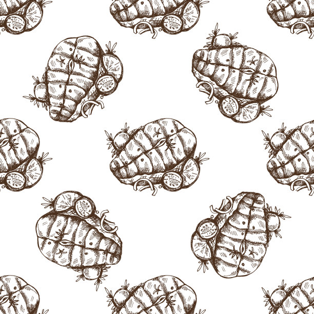 手绘矢量无缝模式一块烧烤三文鱼牛排。涂鸦复古插图。菜单的装饰。雕刻的形象。图片下载