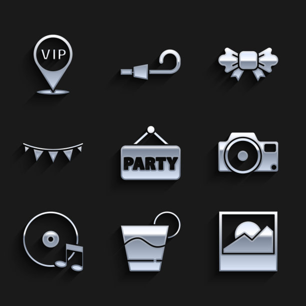 集招牌派对，鸡尾酒，照片，相机，黑胶唱片，嘉年华花环与旗帜，领结和位置Vip图标。向量图片下载