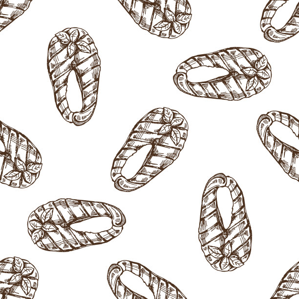 手绘矢量无缝模式一块烧烤三文鱼牛排。涂鸦复古插图。菜单的装饰。雕刻的形象。图片下载