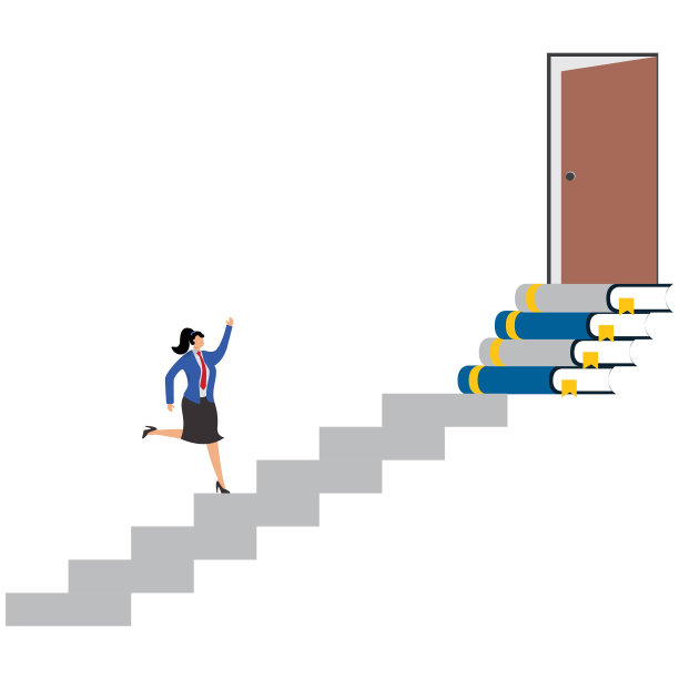 教育或学习为新的机会，智慧或知识打开成功之门，解决方案，成长或职业学习理念，女商人爬上书堆楼梯到达机会之门图片下载