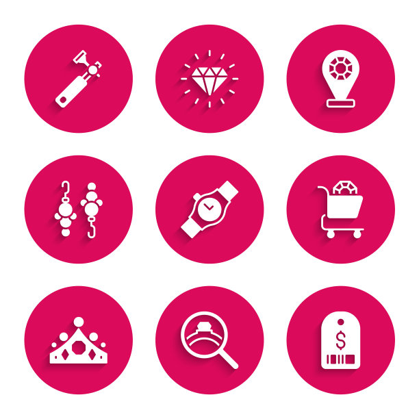 集手表，钻石订婚戒指，价格标签与美元，珠宝网上购物，国王皇冠，耳环，商店和珠宝商lupe图标。向量图片下载