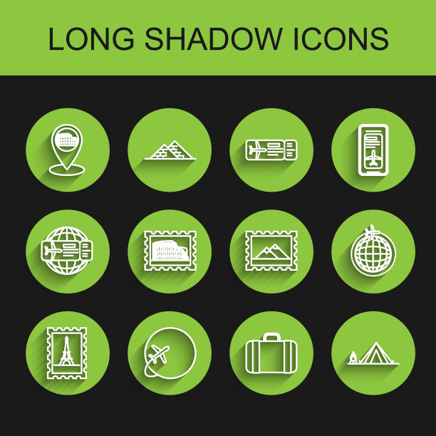 邮政邮票和埃菲尔铁塔，地球与飞行飞机，地图指针罗马竞技场，意大利，旅行箱，旅游帐篷木材火，和山脉图标。向量图片下载