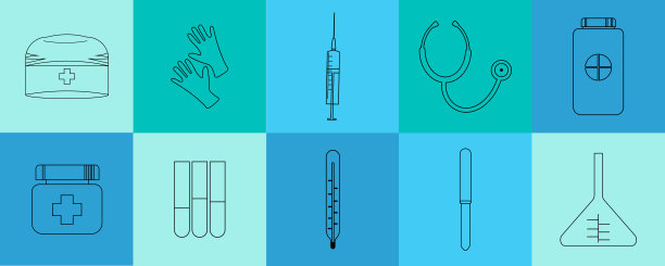 一组医疗用品的图标。医疗保健项目。用于设计医疗服务，横幅，海报，社交网络，网站。矢量设计。图片下载