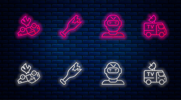 设置线破瓶为武器，小偷面具，燃烧的汽车和电视新闻。砖墙上发光的霓虹灯图标。向量图片下载