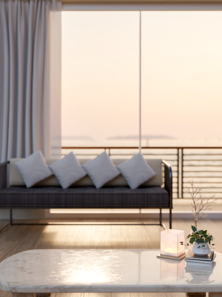 咖啡桌在一个现代，豪华的客厅功能的沙发附近的阳台。图片下载