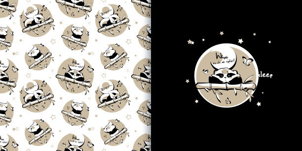 “晚上做什么?”时尚的无缝背景和贺卡与可爱的熊猫。矢量无缝卡通风格的应用程序，网站，演示文稿或设计。图片下载
