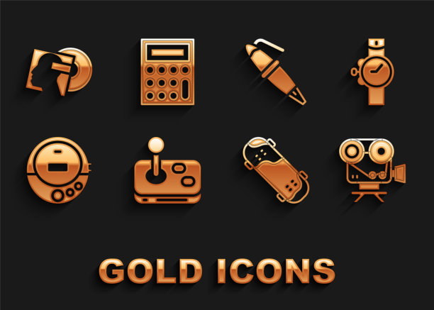 集操纵杆，腕表，复古电影相机，滑板技巧，音乐CD播放器，钢笔笔尖，黑胶磁盘和计算器图标。向量图片下载