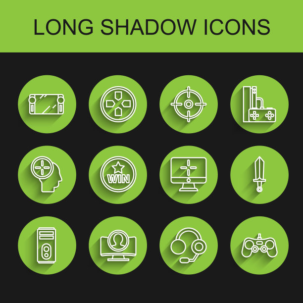 设置线电脑，创建帐户屏幕，便携式视频游戏机，耳机，手柄，奖章，剑和显示器图标。向量图片下载