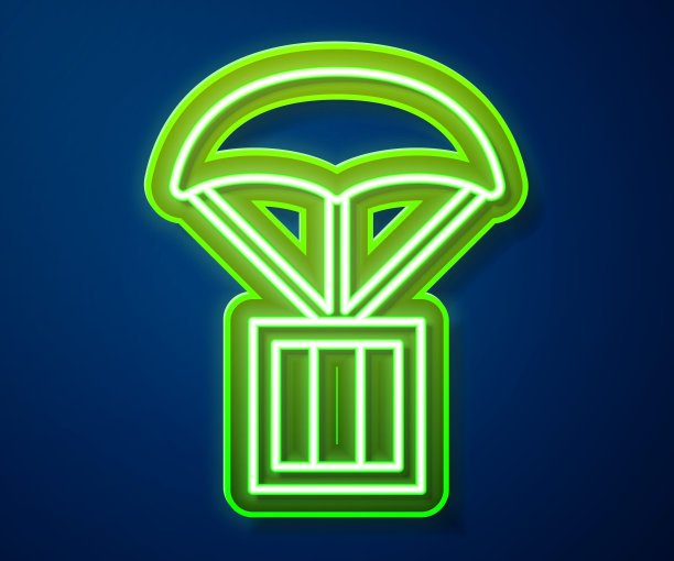 发光的霓虹线空投箱图标孤立的蓝色背景。向量图片下载