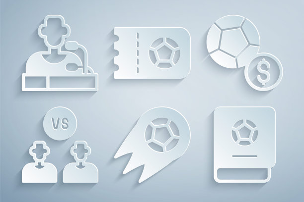 设置足球足球，足球或足球运动员，学习书籍，门票和新闻发布会图标。向量图片下载