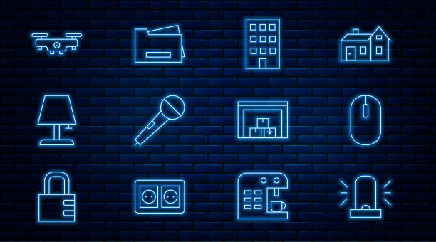 设置线闪光警报器，电脑鼠标，房子，麦克风，台灯，无人机飞行，仓库和打印机图标。向量图片下载