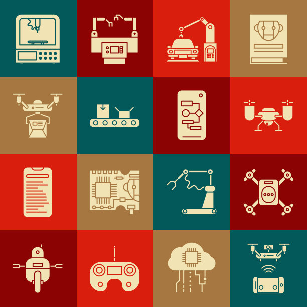 集遥控航拍无人机，带动作相机的无人机飞行，工业机器机器人手臂手，传送带纸箱，配送概念，3D打印机和算法图标。向量图片下载