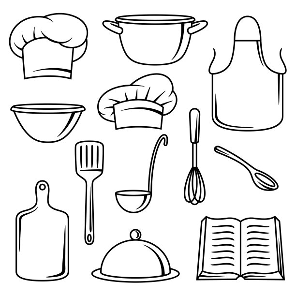 一套厨房用具。用于家庭和餐厅的烹饪工具。图片下载