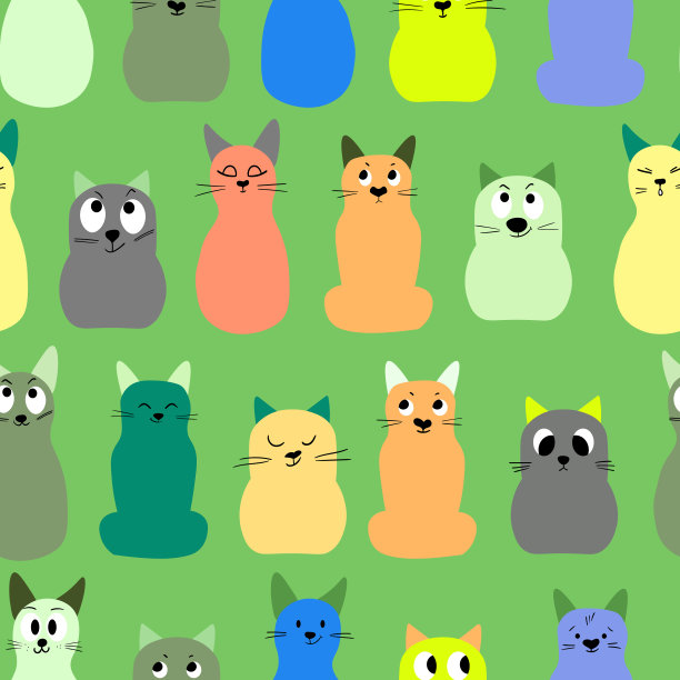 无缝图案与可爱的小猫印花。颜色背景上不同的猫。北欧风格的儿童插画。织物，纺织品，壁纸，家居服，睡衣的矢量插图图片下载