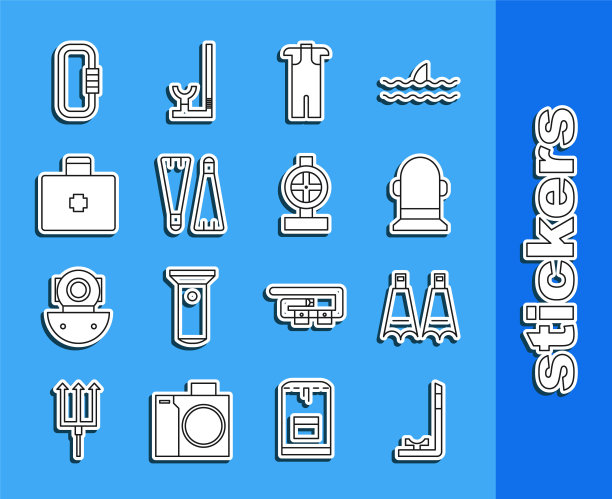 设线浮潜，橡胶鳍游泳，浮标，潜水服潜水，急救箱，锁扣和工业金属管道和阀门图标。向量图片下载